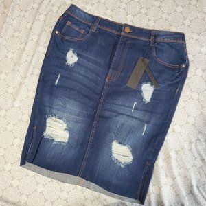 Stretchy Distressed Denim Fitted Midi Skirt